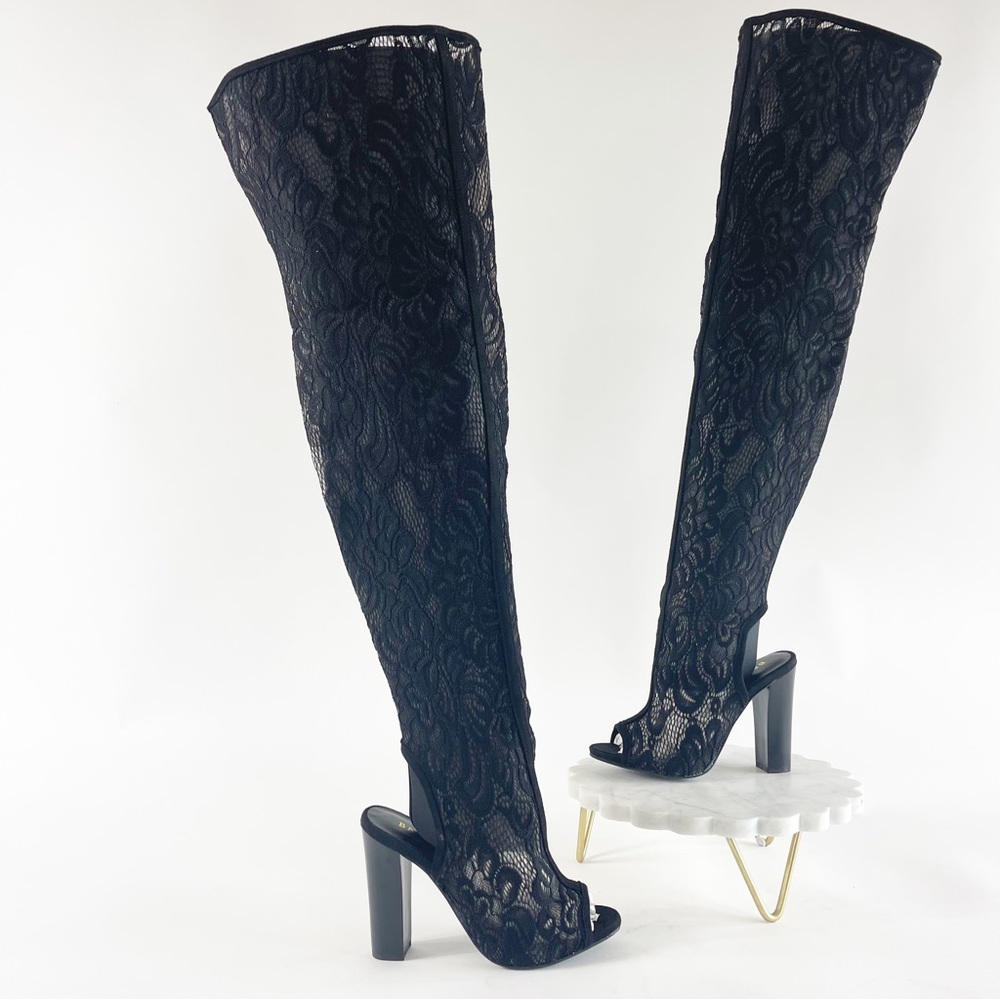#429 New BAMBOO Spotlight Black Lace Thigh High Peep Toe Heels size 10 - Picture 11 of 14